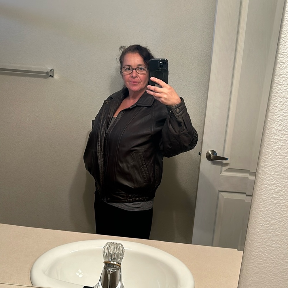 Dark brown, leather bomber jacket